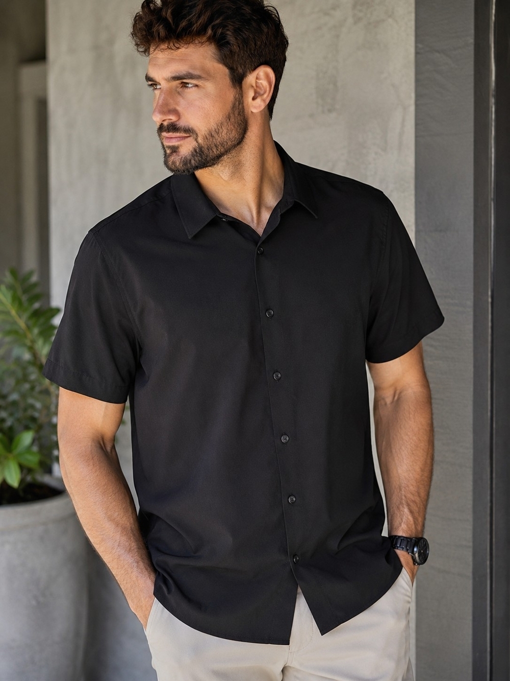 True Classic Men's XL Black Button Front Shirt Lightweight Sheer Short Sleeve